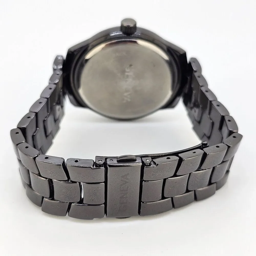 Geneva Diamond Men Quartz Watch 42MM Black Dial Bracelet Band‎ 7.75